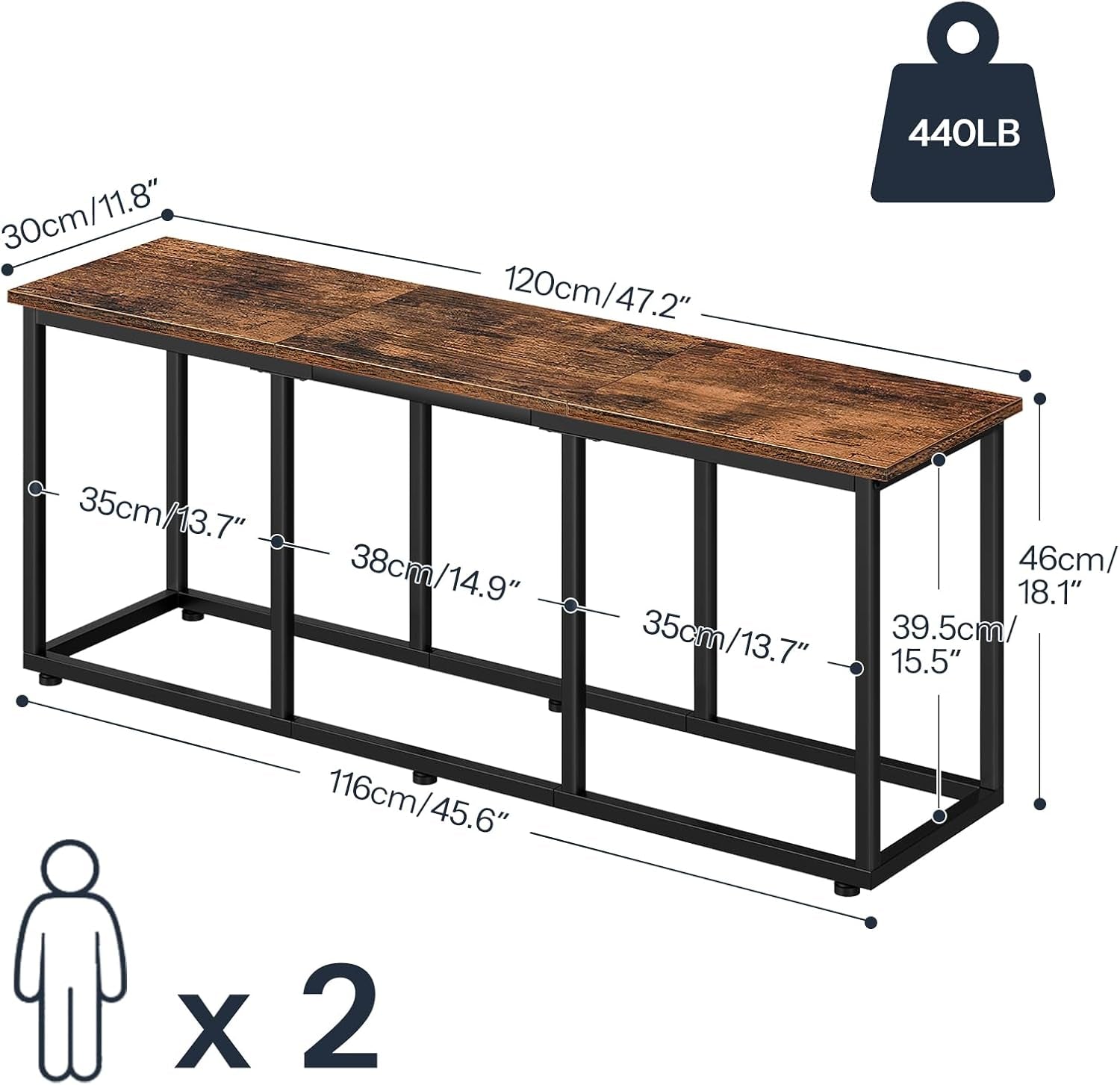 Dining Bench, 47.2 Inch Dining Table Bench, Industrial Style Kitchen Bench, Steel Frame, Easy to Assemble, for Kitchen, Dining Room, Rustic Brown and Black BF45CD01