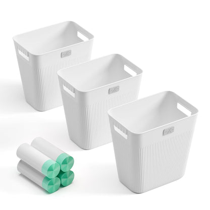 Slim Trash Can 3-Pack, 2.9 Gallon Plastic Wastebasket for Bathroom, Bedroom, Office, Kitchen with 4 Rolls Bags, White