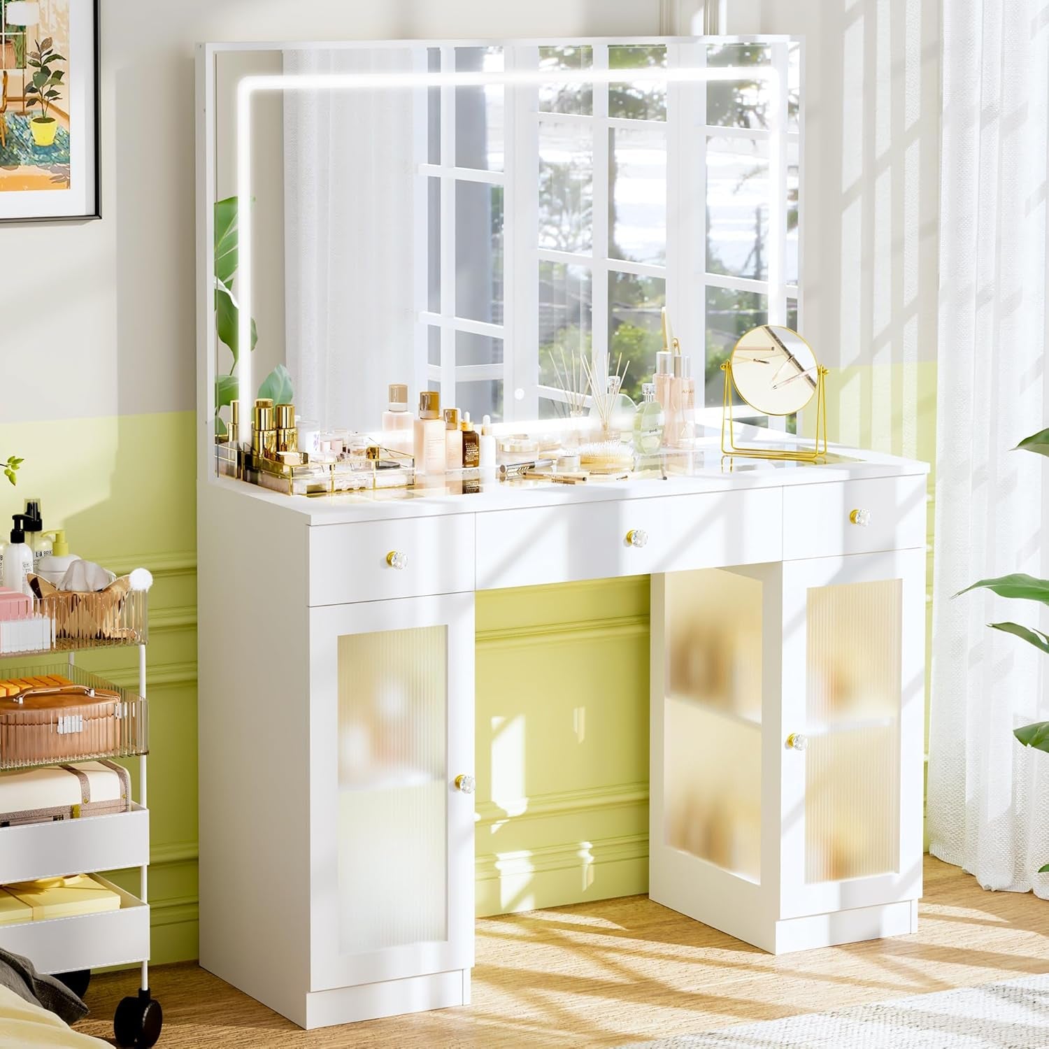 Makeup Vanity with Crystal Knobs, Glass Top Vanity Desk with Mirror and Lights, Power Outlet, Drawers and Cabinet, 3 Lighting Color Adjustable Dressing Table, Upgraded Silent Slides, White