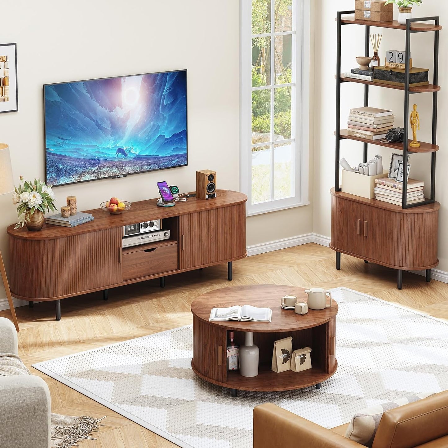 69" TV Stand with Power Outlet for Tvs up to 80", Entertainment Center with Storage and Drawer, TV Console with Adjustable Shelves and Sliding Door, TV Stand for Living Room, Bedroom, Walnut