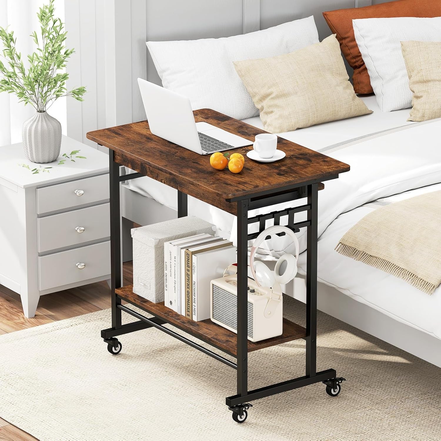 Rolling Computer Desk Cart with Keyboard Tray, Mobile Portable Laptop PC Desk with CPU Stand & 3 Hooks for Sofa & Bed, Industrial Small Desk on Wheels for Small Spaces, Home Office Desk