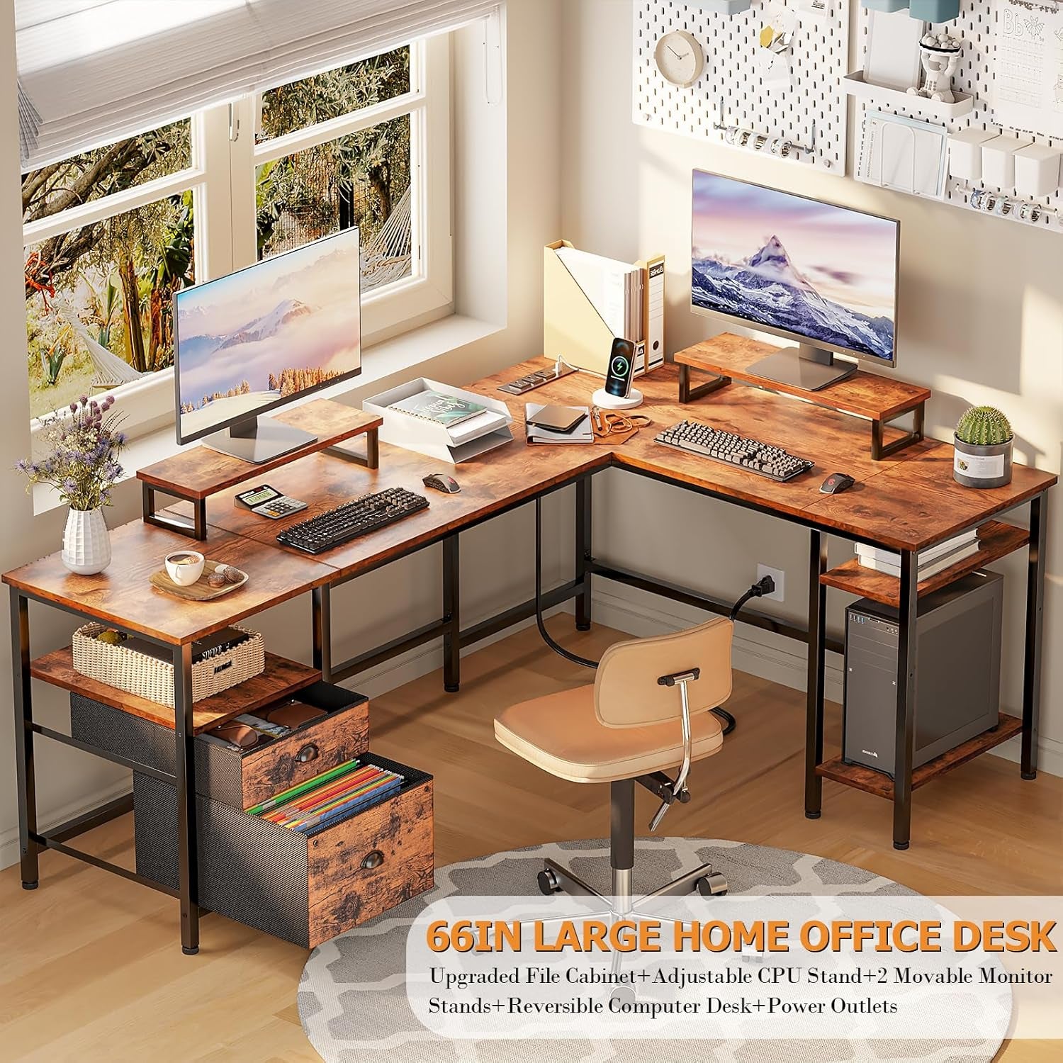 66” L Shaped Desk with Power Outlet, Reversible Computer Gaming Desk with File Drawer & 2 Monitor Stands for Home Office with Storage Shelves, Rustic Brown