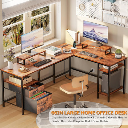 66” L Shaped Desk with Power Outlet, Reversible Computer Gaming Desk with File Drawer & 2 Monitor Stands for Home Office with Storage Shelves, Rustic Brown