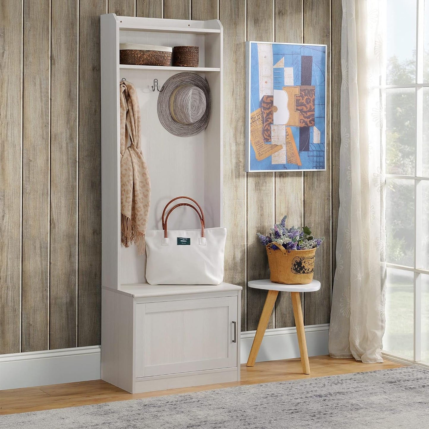 Narrow Hall Tree with Shoe Storage Bench, Rustic Entryway Bench with Coat Rack, Accent Coat Tree with Storage Shelves for Hallway, Mudroom, White Wood Grain