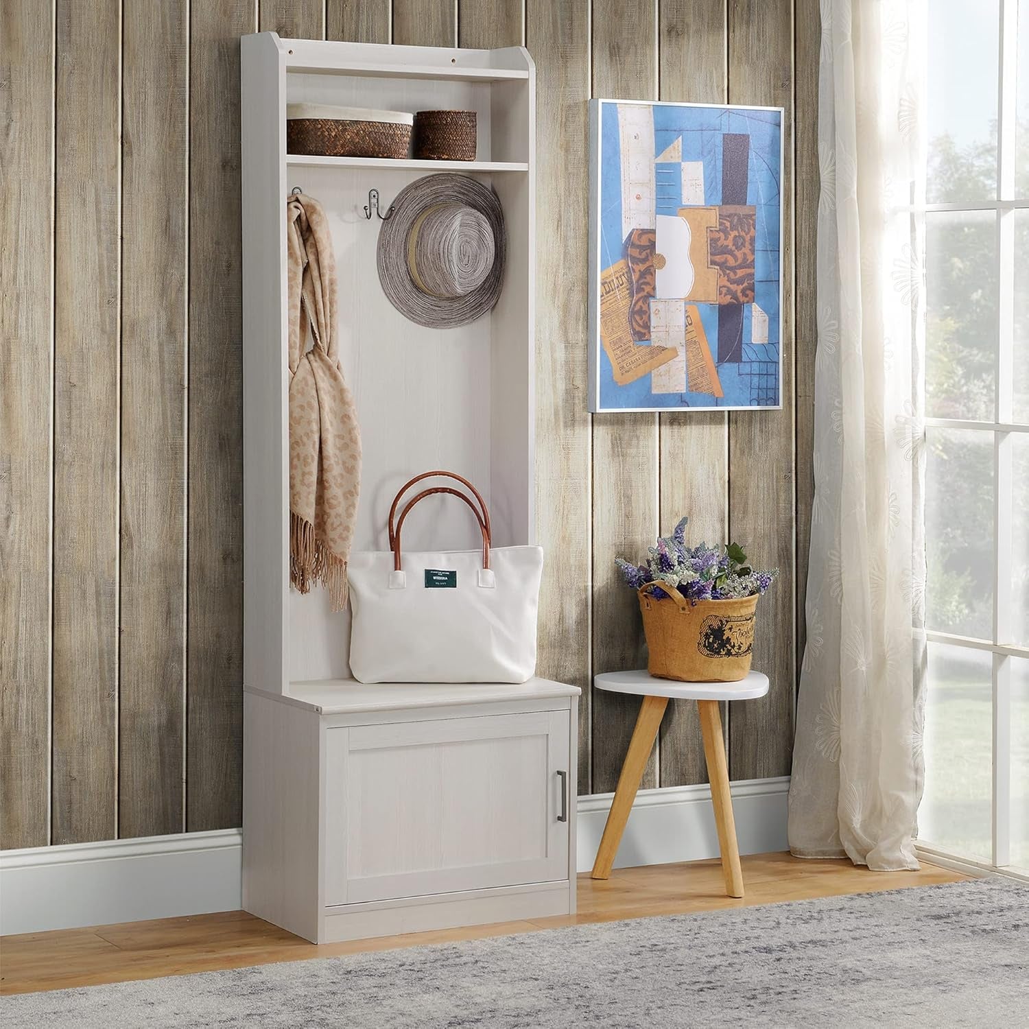 Narrow Hall Tree with Shoe Storage Bench, Rustic Entryway Bench with Coat Rack, Accent Coat Tree with Storage Shelves for Hallway, Mudroom, White Wood Grain