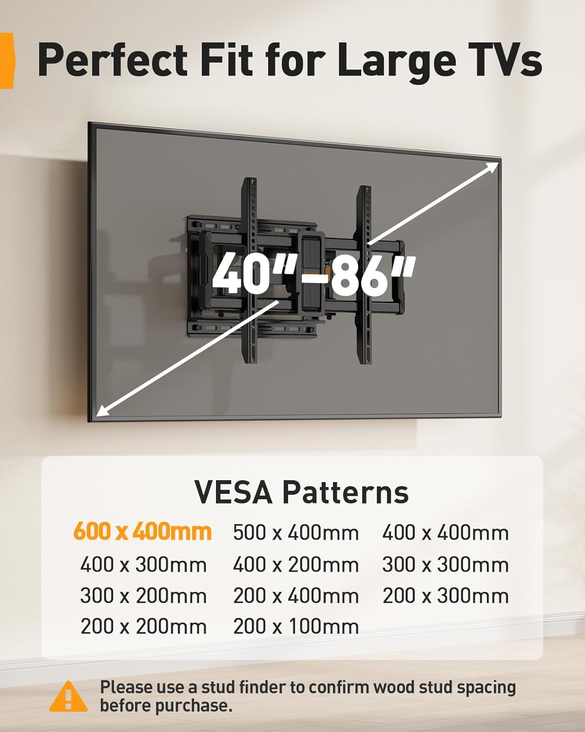 Ul-Listed Full Motion TV Wall Mount for 40–86 Inch Flat Curved Tvs up to 132 Lbs, 12″/16″ Wood Studs, TV Mount Bracket with Tool-Free Tilt, Swivel, Extension, Max VESA 600 X 400Mm, PGLF15