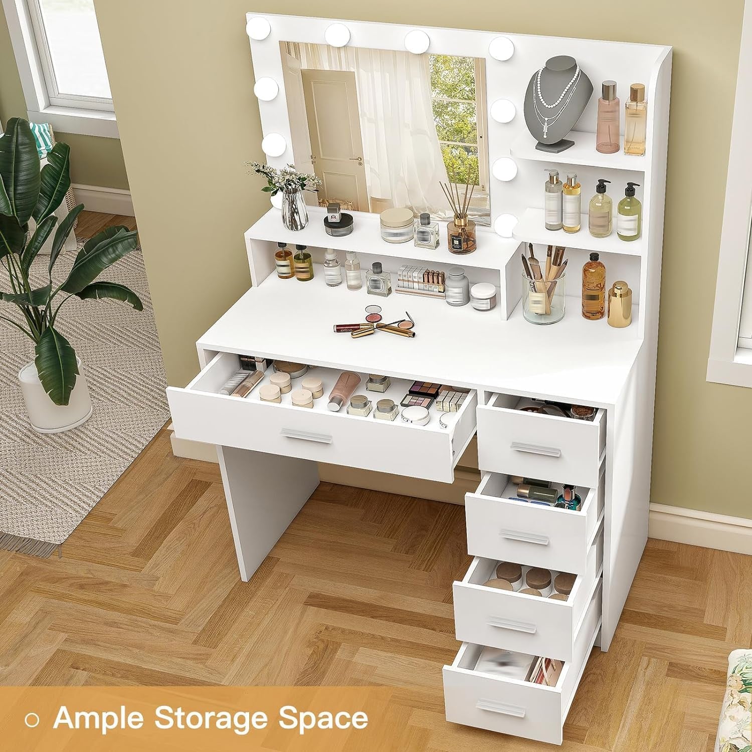 Makeup Vanity Desk with Mirror & Lights, Vanity Desk with 5 Drawers & Storage Shelves, Vanity Table, 3 Color Modes & Adjustable Brightness Dressing Table, Bedroom, White