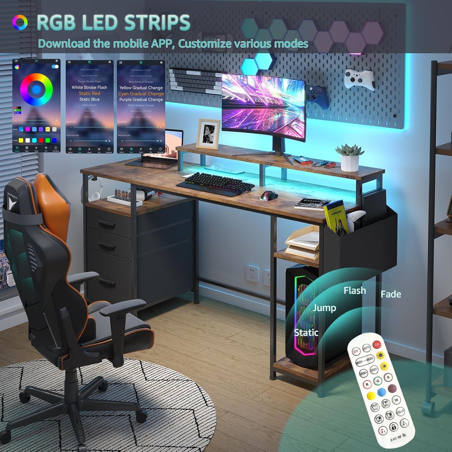 Gaming Desks with Led Lights and Power Outlets, 55 Inch Study Writing Computer Desk with Fabric File Drawers Cabinet for Bedroom, Home Office Desk with Shelves Monitor Stand, Rustic Brown