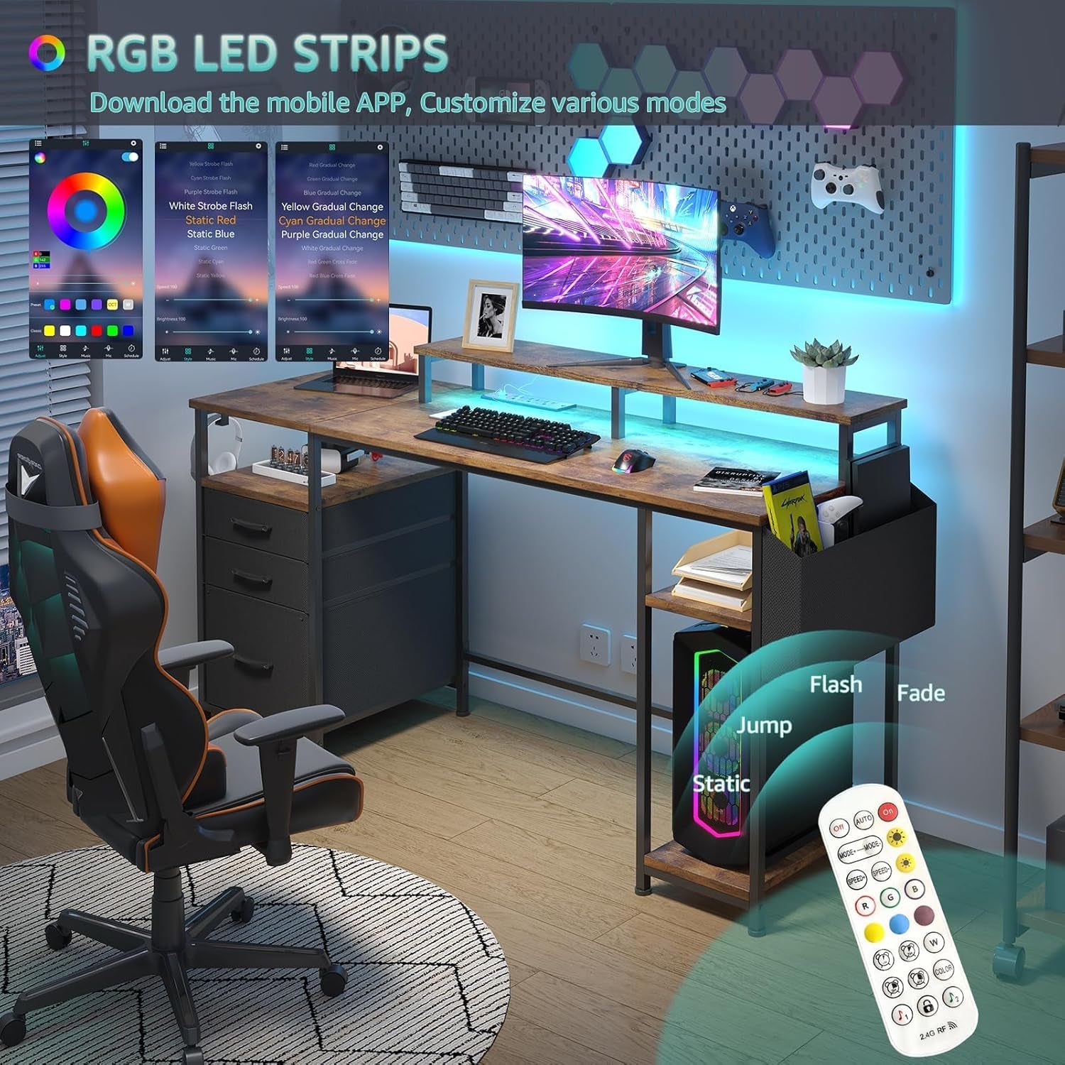 Gaming Desks with Led Lights and Power Outlets, 55 Inch Computer Desk with File Drawers Cabinet, Home Office Desk with Shelves Monitor Stand, Black