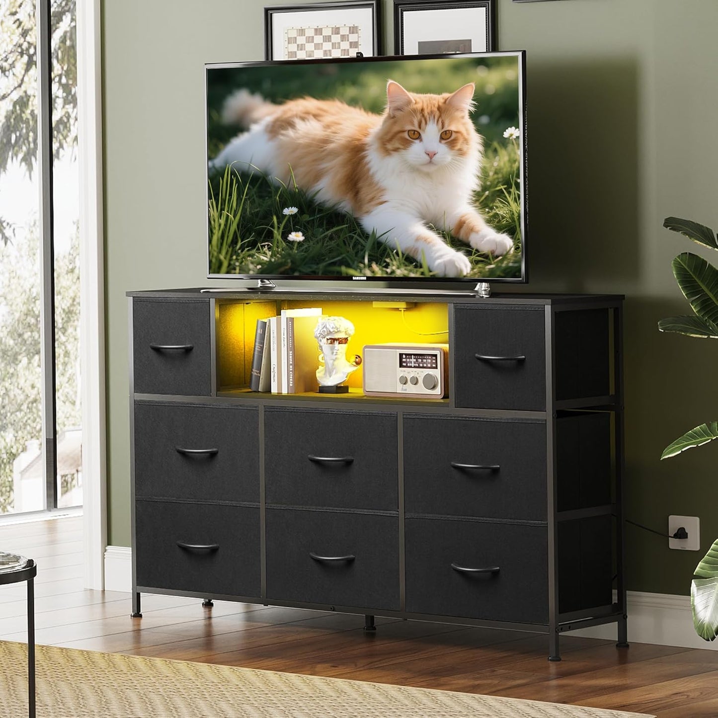 Black TV Stand for 45, 50, 55 Inch TV, Entertainment Center with LED Lights & Charging Station, TV Media Console Table with 8 Fabric Drawers and Open Shelves for Living Room, Hallway, Wood Top