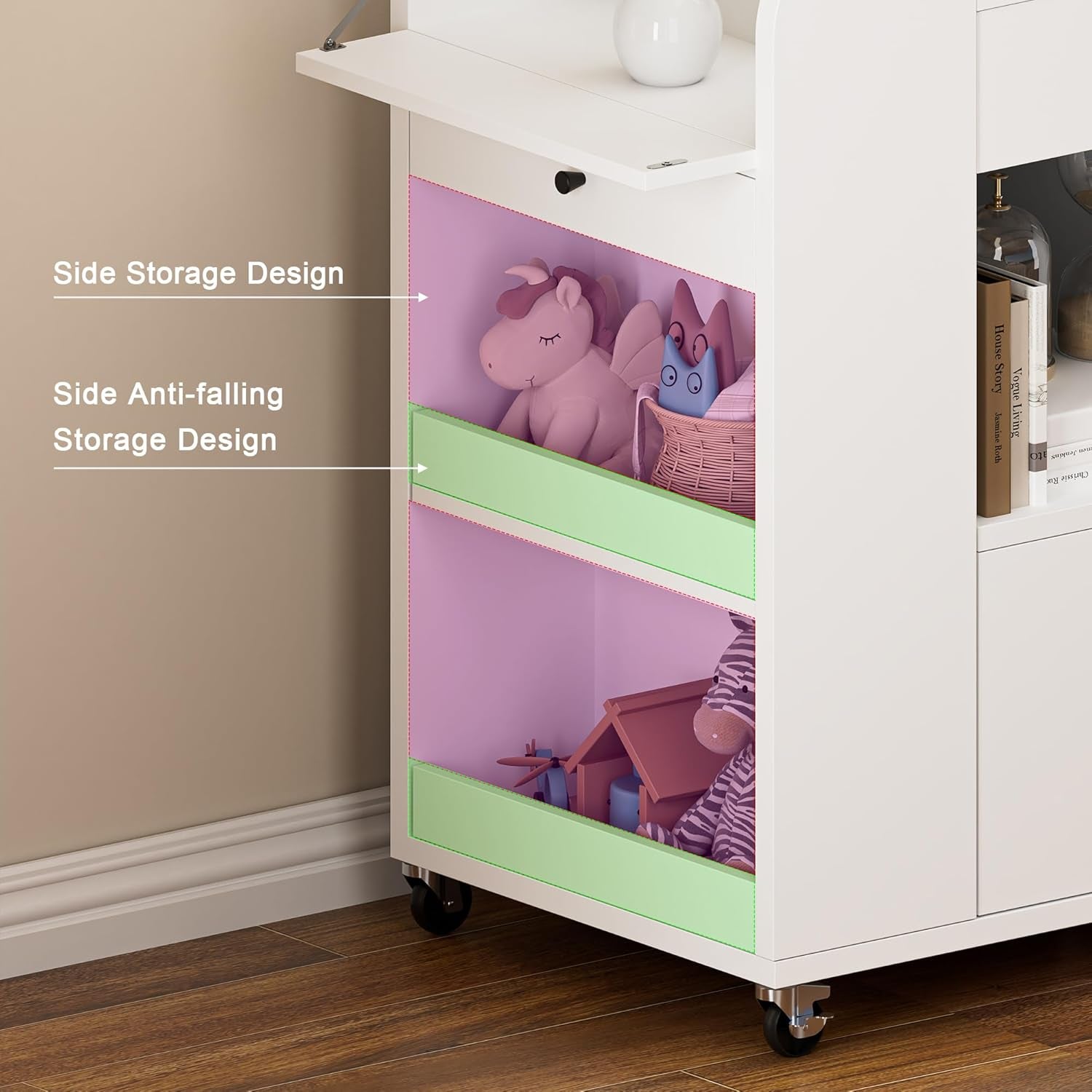 Baby Changing Table Top, 3 Drawers Nursery with 4 Open Cubbies, Rolling Chest with Wheels, 43" W X 19.5" D X 40" H