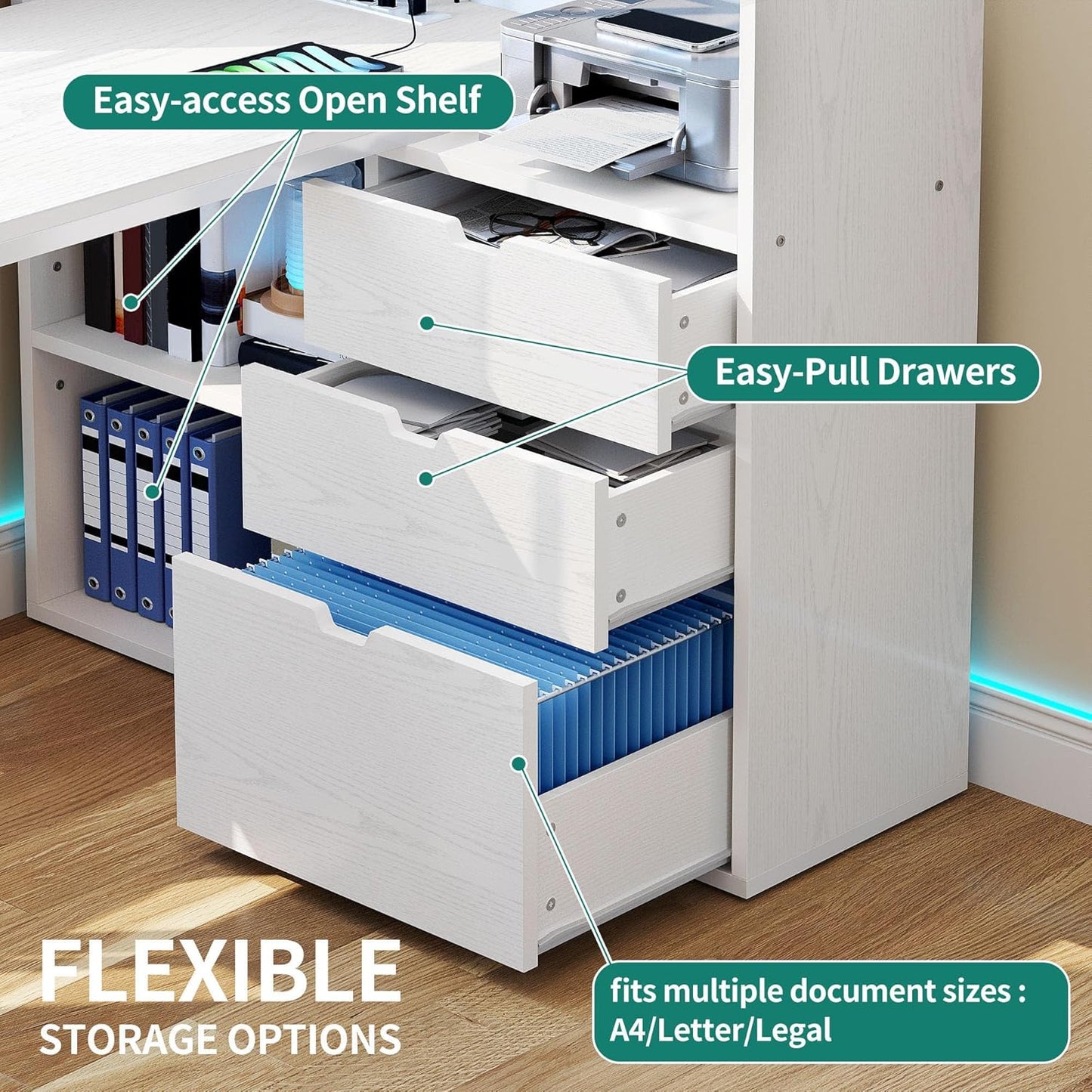 L Shaped Desk with Power Outlets, 55" Computer Desk with Drawers & Bookshelf, Home Office Desk with LED Lights, Corner Desk with File Cabinet, White