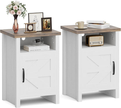 Farmhouse Nightstand, Modern Bedside Table with Barn Door and Shelf, Rustic End Table Side Table for Bedroom, Living Room (2, White)