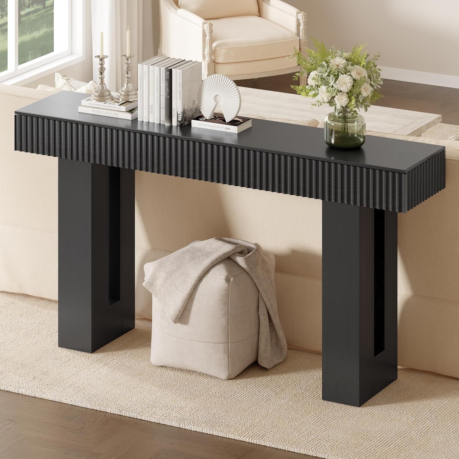 Farmhouse Entryway Table, 63" Long Fluted Console Table, Rustic Wooden Rectangular Sofa Table behind Couch, Modern Narrow Entry Table for Entrance, Hallway and Living Room, Modern Black