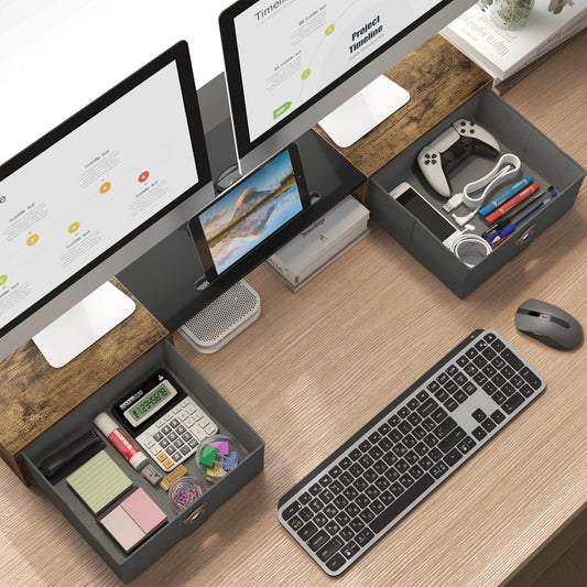 Dual Monitor Stand Riser with Two Drawers, Extra Large Storage for 2 Monitors, Desktop Oraganizer Computer,Laptop,Screen,Printer,Tv