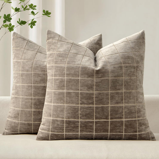 Decorative Chenille Check Throw Pillow Covers Vintage Plaid Couch Pillows 20X20 Inch Set of 2 Neutral Boho Farmhouse Cushion Covers Modern Home Decor for Sofa Bed Living Room Taupe Grey