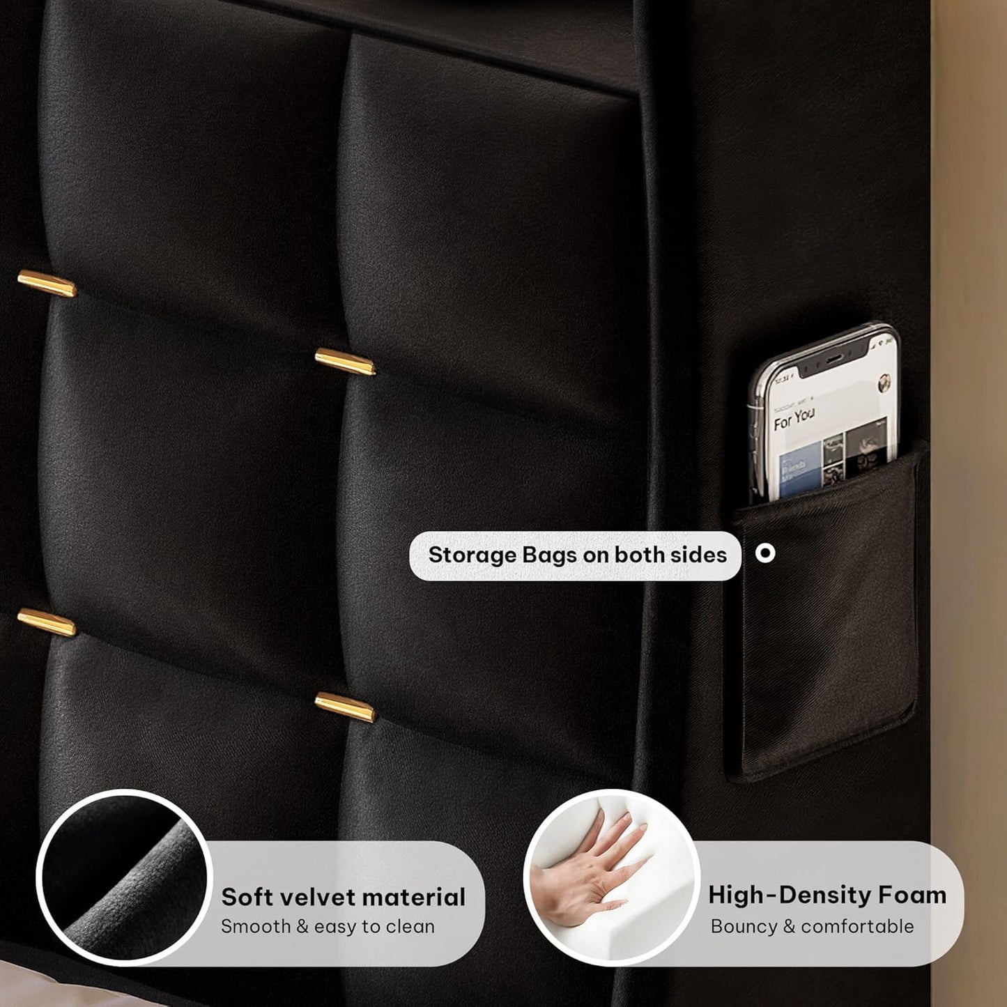 Queen Size Bed Frame with 4 Drawers and RGB LED Lights, Velvet Upholstered Platform Bed with Charging Station and Storage Headboard, No Box Spring Needed, Easy Assembly, Noise-Free, Black