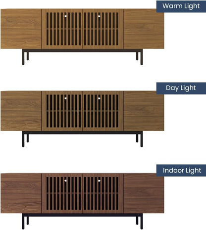 Full Assembled Mid-Century Modern TV Stand with Slatted Doors, Wood Media Console for 65 Inch TV, TV Console with Tall-Cast Metal Legs, Entertainment Center with Storage for Living Room