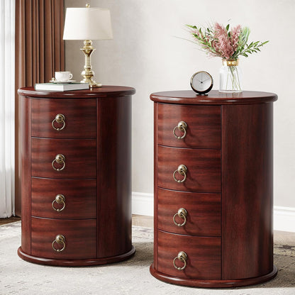 Solid Wood End Table Set of 2, round Side Table with 4 Drawers, Vintage Bedside Table Nightstand for Small Spaces, Living Room, Bedroom, No Assembly Required (2, Cherry Brown)
