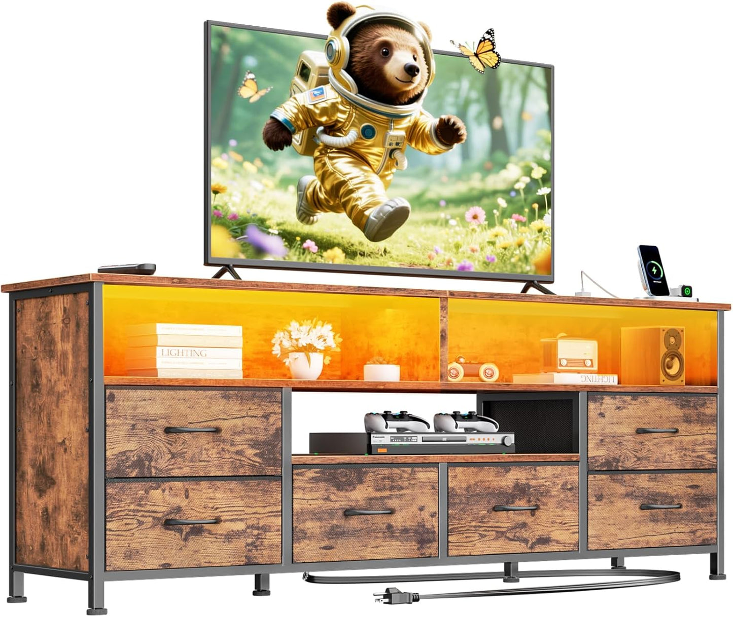55" LED TV Stand for Bedroom with Power Outlets, Entertainment Center with 6 Fabric Drawers for 50/55/60 Inch Tvs, Dresser TV Stand Long Console Media Table for Living Room, Rustic Brown