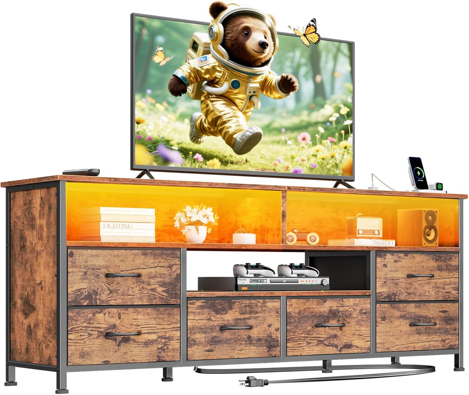 55" LED TV Stand for Bedroom with Power Outlets, Entertainment Center with 6 Fabric Drawers for 50/55/60 Inch Tvs, Dresser TV Stand Long Console Media Table for Living Room, Rustic Brown