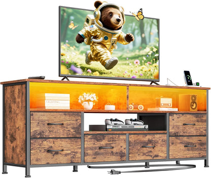 TV Stand for Bedroom, 63 Inch Entertainment Center for 65 70 Inch Tvs, 6 Drawers Dresser with Power Outlets and LED Lights, Media Console for Living Room, Rustic Brown