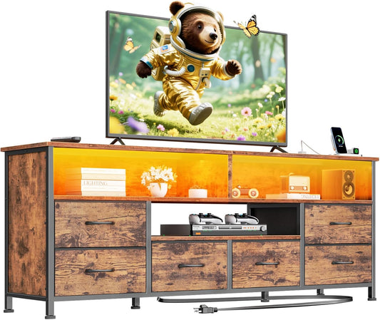 TV Stand for Bedroom, 63 Inch Entertainment Center for 65 70 Inch Tvs, 6 Drawers Dresser with Power Outlets and LED Lights, Media Console for Living Room, Rustic Brown