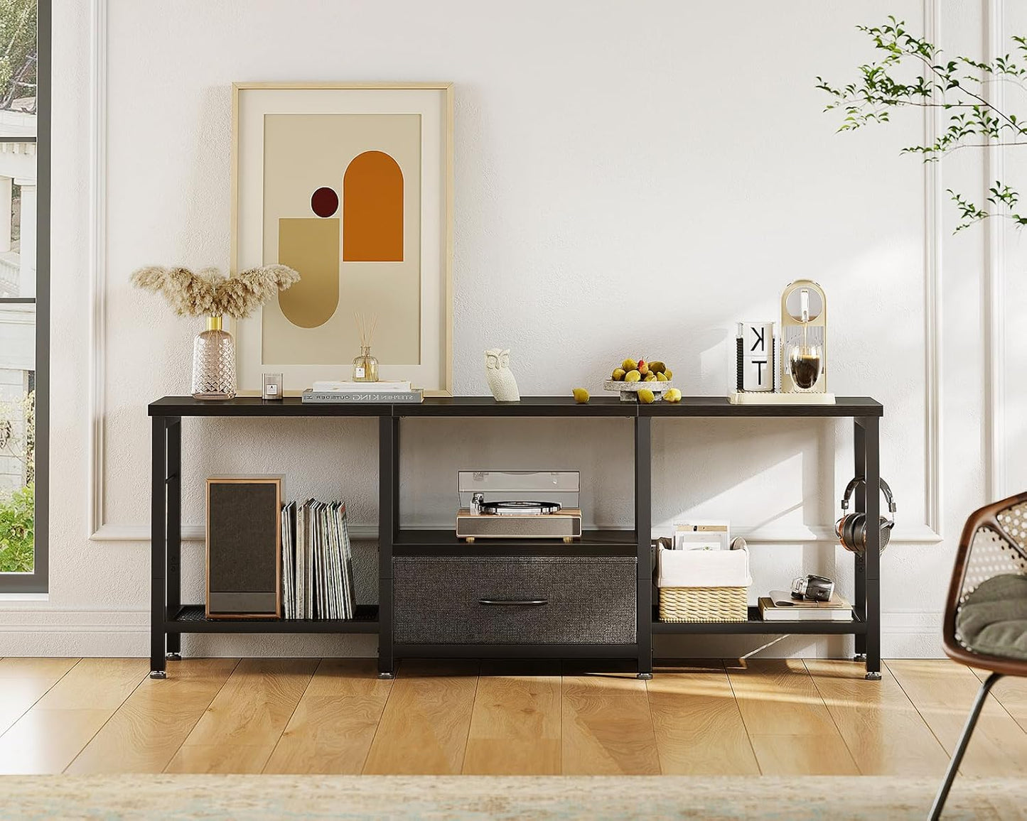 47" TV Stand with Open Storage Shelves for 43, 50 Inch TV, Entertainment Center with Fabric Drawers, TV Console Table with Soundbar Shelf TV Stand for Living Room Bedroom, Pure Black