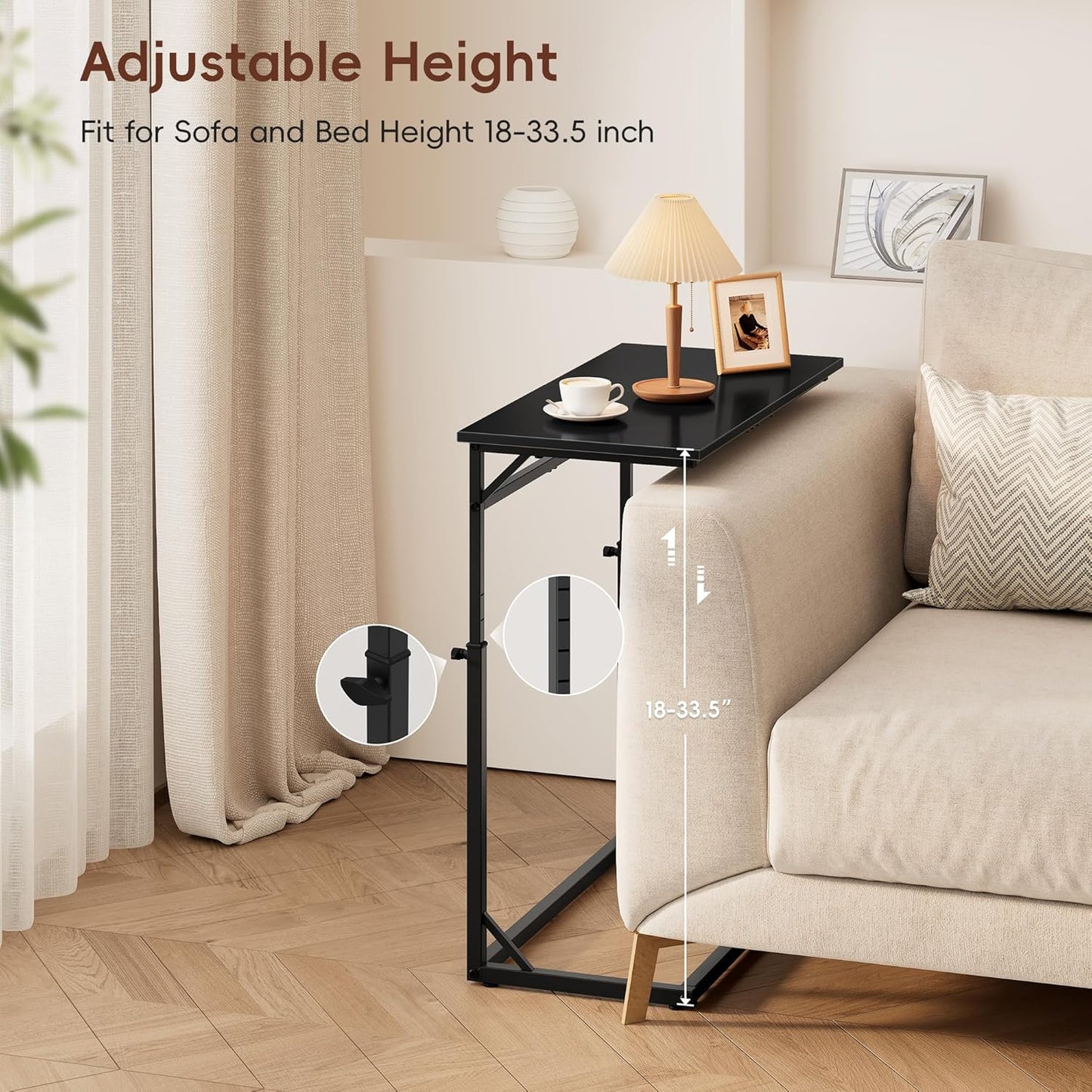 C Shaped End Table, 33"Tall Side Table for Couch, C-Table Sofa Table Adjustable Height Side Table, Large Surface Slide under Couch Table, Coffee Table TV Tray for Living Room, Bedroom, Black