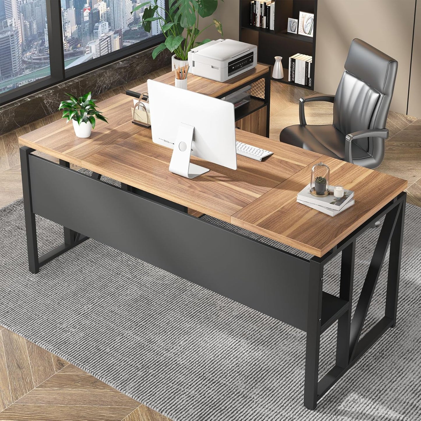 63" Executive Desk with Reversible File Cabinet, Large L-Shaped Office Desk with Drawers, Business Furniture Workstation for Home Office