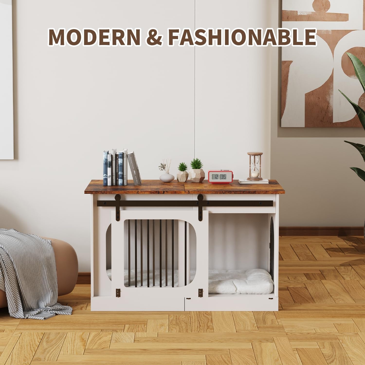 XL Dog Kennel Furniture,39.4 Inch Farmhouse Crate Furniture with Cushion Decorative White Dog Kennel Indoor Thick Wooden Pet House End Table Modern Cage Furniture for Small/Medium/Large Dog