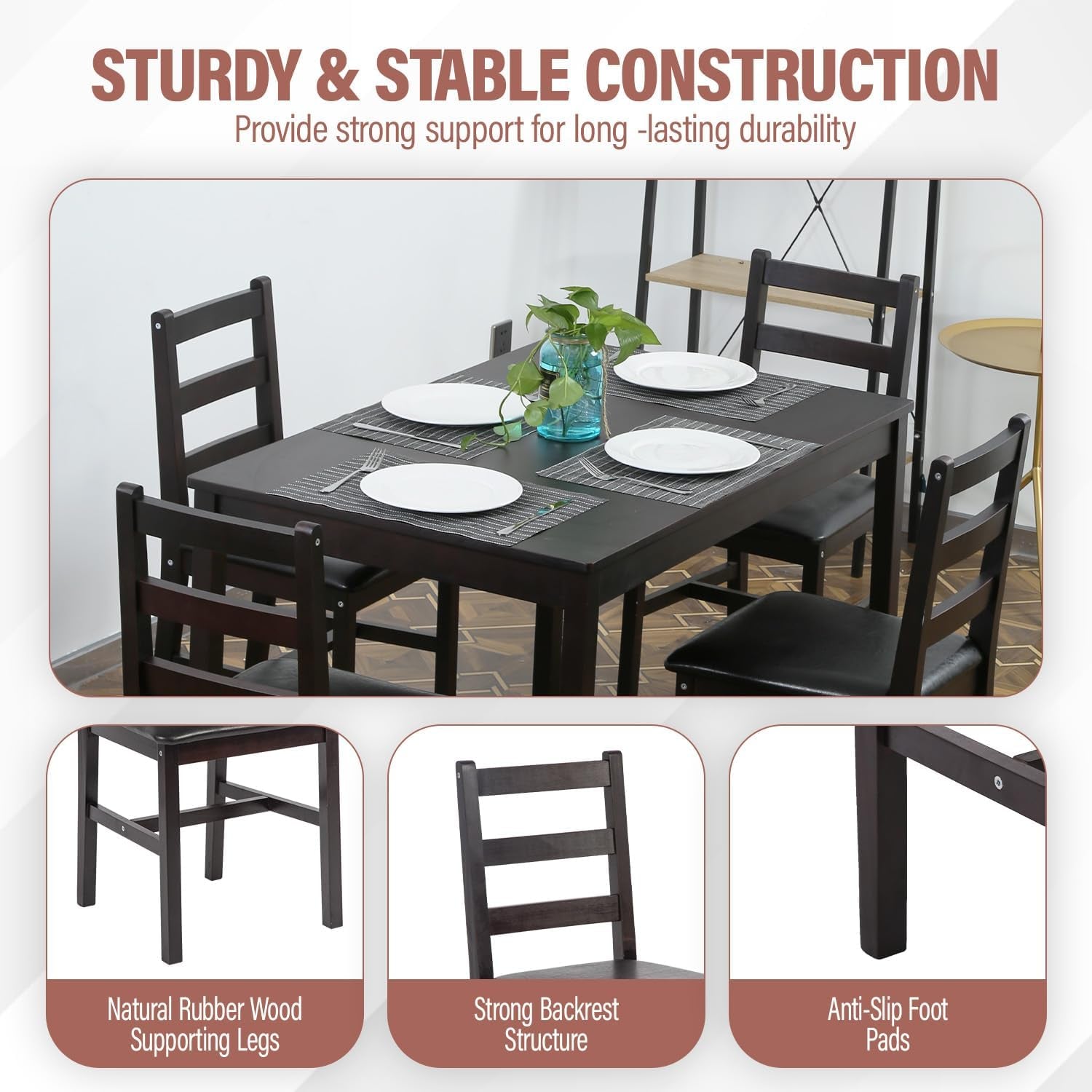 5 Pieces Kitchen Dining Room Set Dining Kitchen Table and Chairs Mid Century Style Wood Dinette Table Set for Home Family Dining Area Dark Brown