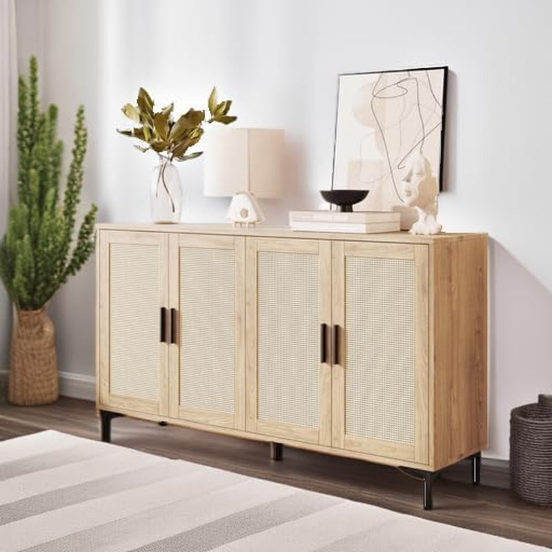 Buffet Cabinet with Storage, 48" Rattan Sideboard with Adjustable Shelves, Modern Coffee Bar Cabinet Console Table with Doors, Credenza for Kitchen, Living Room, Entryway, Dining Room, Wood