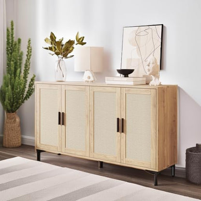 Buffet Cabinet with Storage, 48" Rattan Sideboard with Adjustable Shelves, Modern Coffee Bar Cabinet Console Table with Doors, Credenza for Kitchen, Living Room, Entryway, Dining Room, Wood