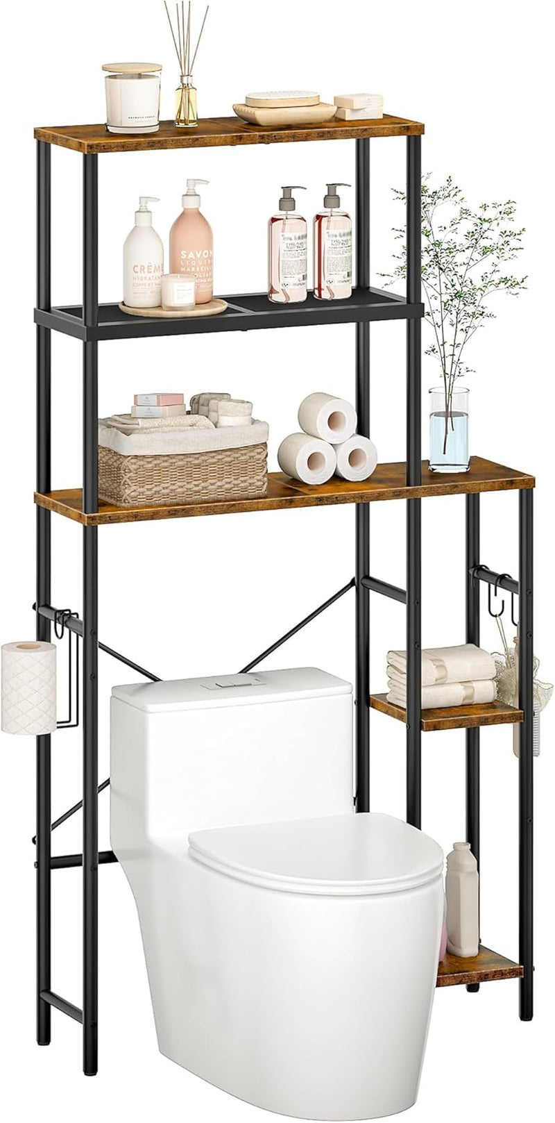 Over the Toilet Storage, 6-Tier Bathroom Organizer Shelf, Over-Toilet Storage Cabinet with Toilet Paper Hook, Space Saving, for Bathroom, Laundry, Entryway, Rustic Brown and Black TTS02BF