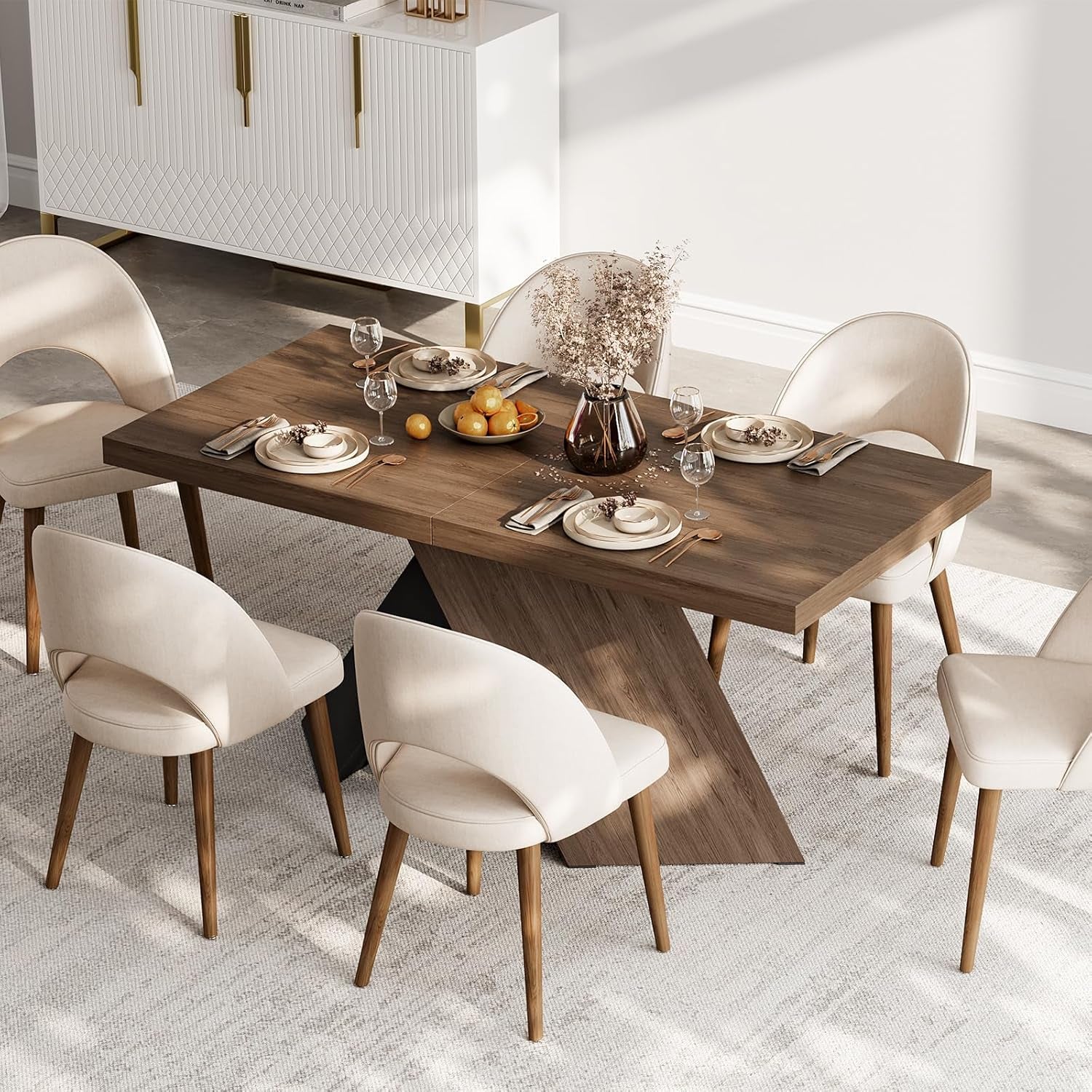 Extendable Dining Table with Walnut Finish, Modern Rectangle Kitchen Table W/Pedestal Base, Seats 6-8 (Walnut, 63"-79" (Seats 6-8))