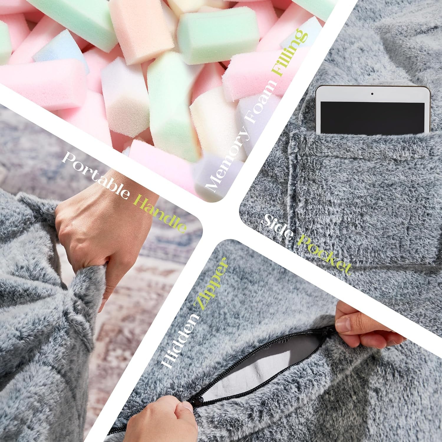 Bean Bag Chairs Giant Beanbag Chair with Filler, Memory Foam Bean Bags with Fluffy & Machine Washable Cover, Bean Bag Chairs for Aduts for Living Room, Bedroom (Grey, 4FT - 44” X 44” X 24”)