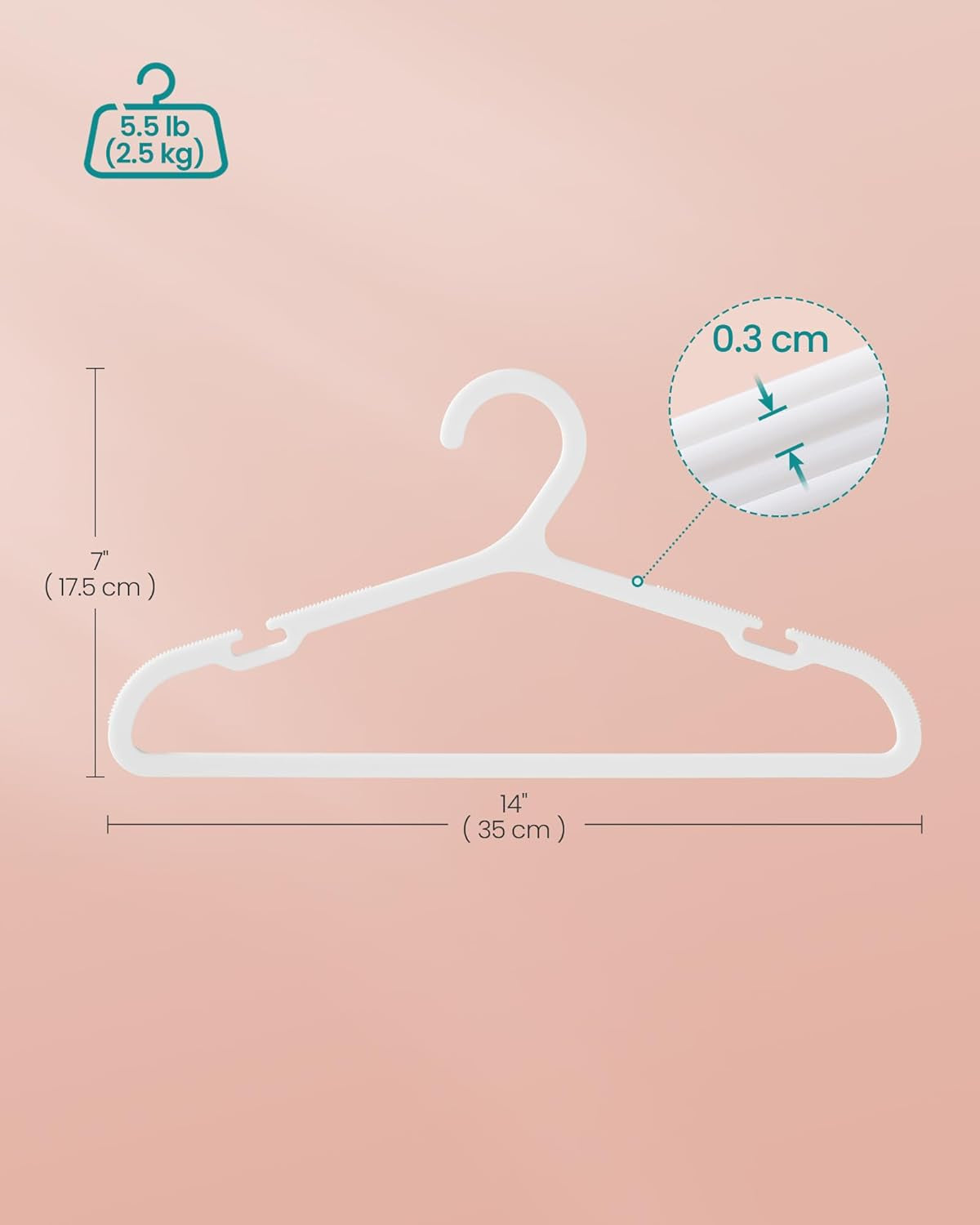 Kids Hangers 100 Pack, Plastic Baby Hangers for Closet, 14 X 7 Inches, for Children Aged 7-12 Years, Space-Saving, Non-Slip, Cloud White UCRP190W01