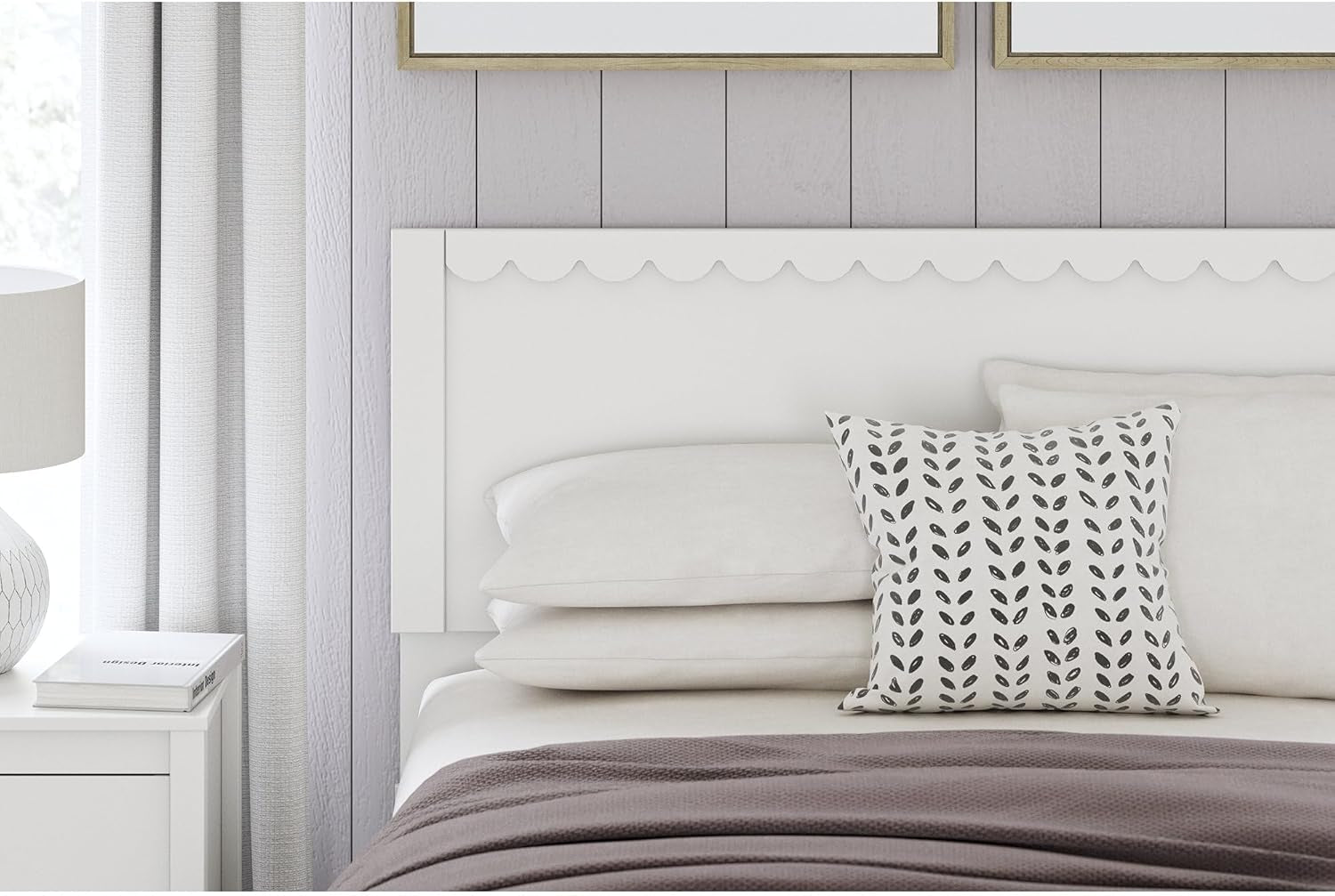 Signature Design by Ashley Hallityn Coastal Panel Headboard, Wood, Scallop Detail, Full, Headboard Attaches to Your Bed Frame (Not Included), Matte White Finish, (Headboard Only)