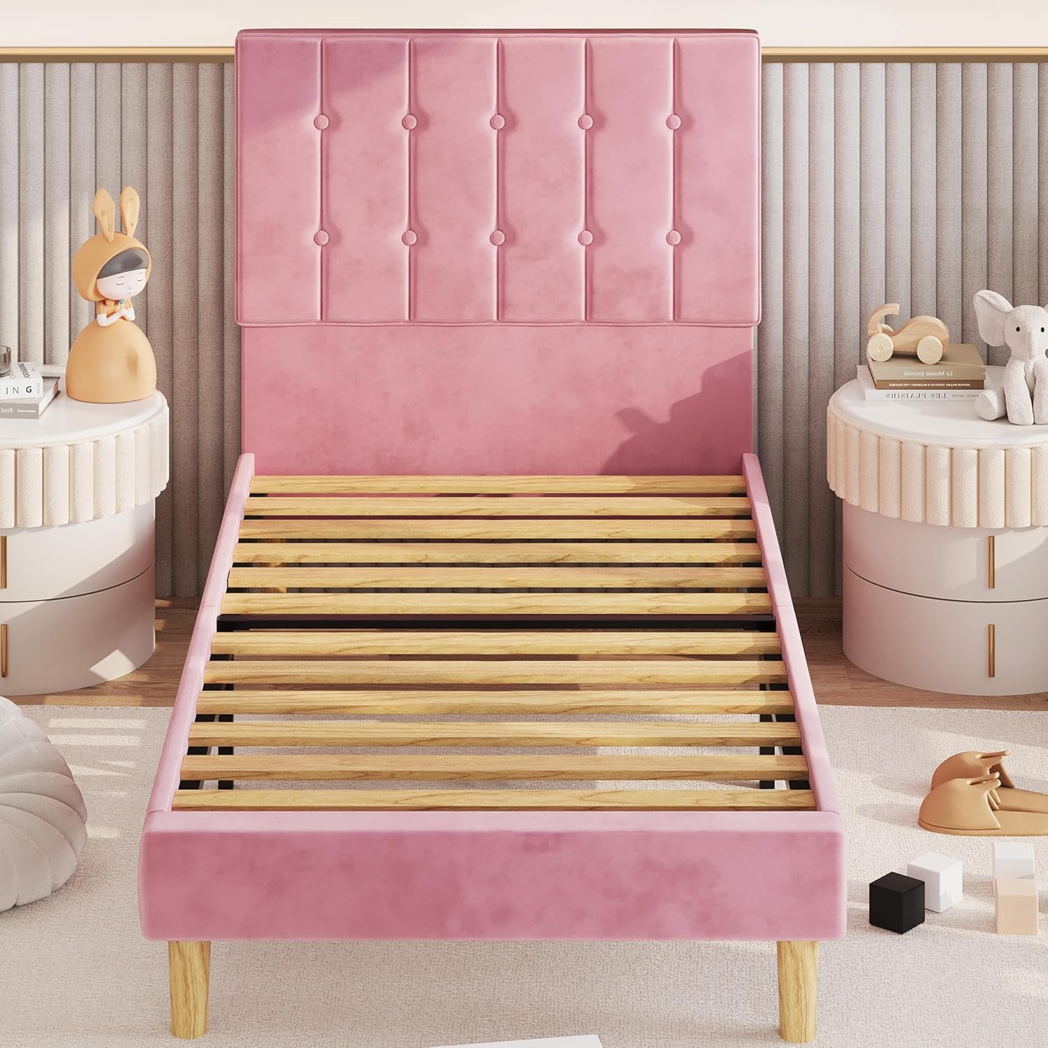Twin Bed Frames, Velvet Upholstered Platform Bed Frame with Headboard and Strong Wooden Slats, No Box Spring Needed/Noise-Free/Easy Assembly, Pink