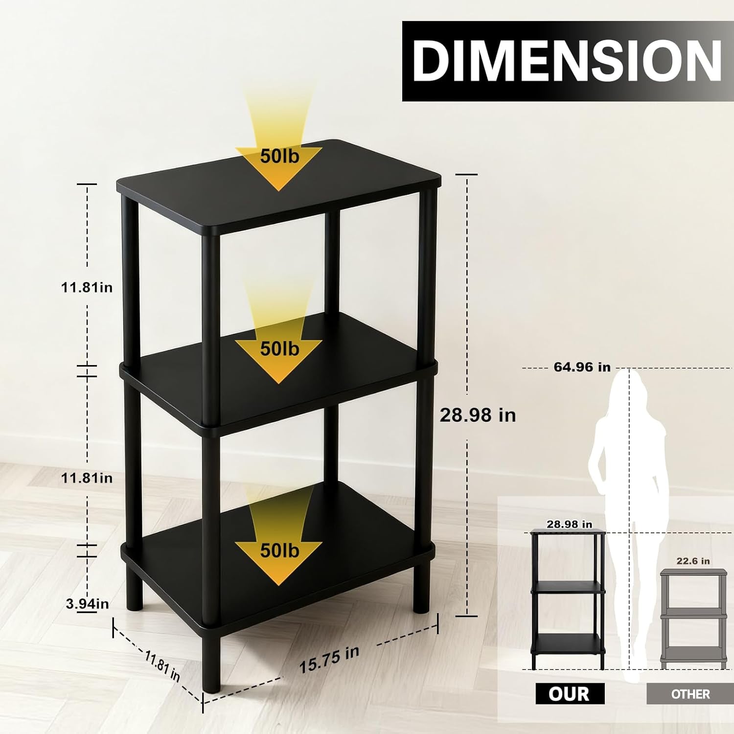 3 Tier Black Side Table ，Small End Table with Solid Wood Legs，28' Tall Bedside Table with Storage Shelf，Nightstand for Small Spaces，Living Room,Bedroom，Bathroom,No Tool Installation