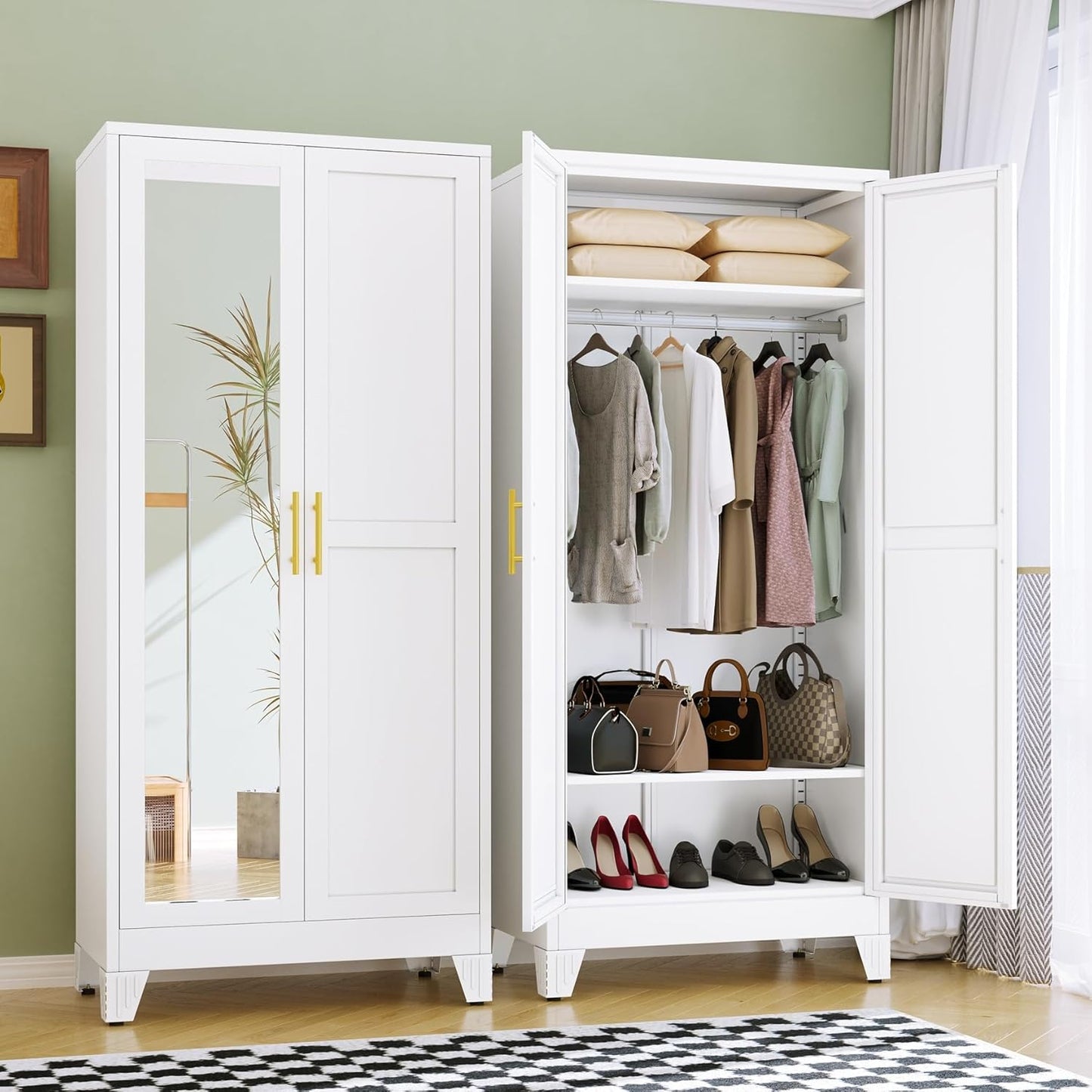 RIETERN Metal Armoire Wardrobe Closet, 71" Tall Bedroom Closet with Mirror, Adjustable Shelves, and Hanging Rod, Steel Clothes Closets and Storage, for Bedroom White