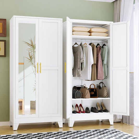 RIETERN Metal Armoire Wardrobe Closet, 71" Tall Bedroom Closet with Mirror, Adjustable Shelves, and Hanging Rod, Steel Clothes Closets and Storage, for Bedroom White