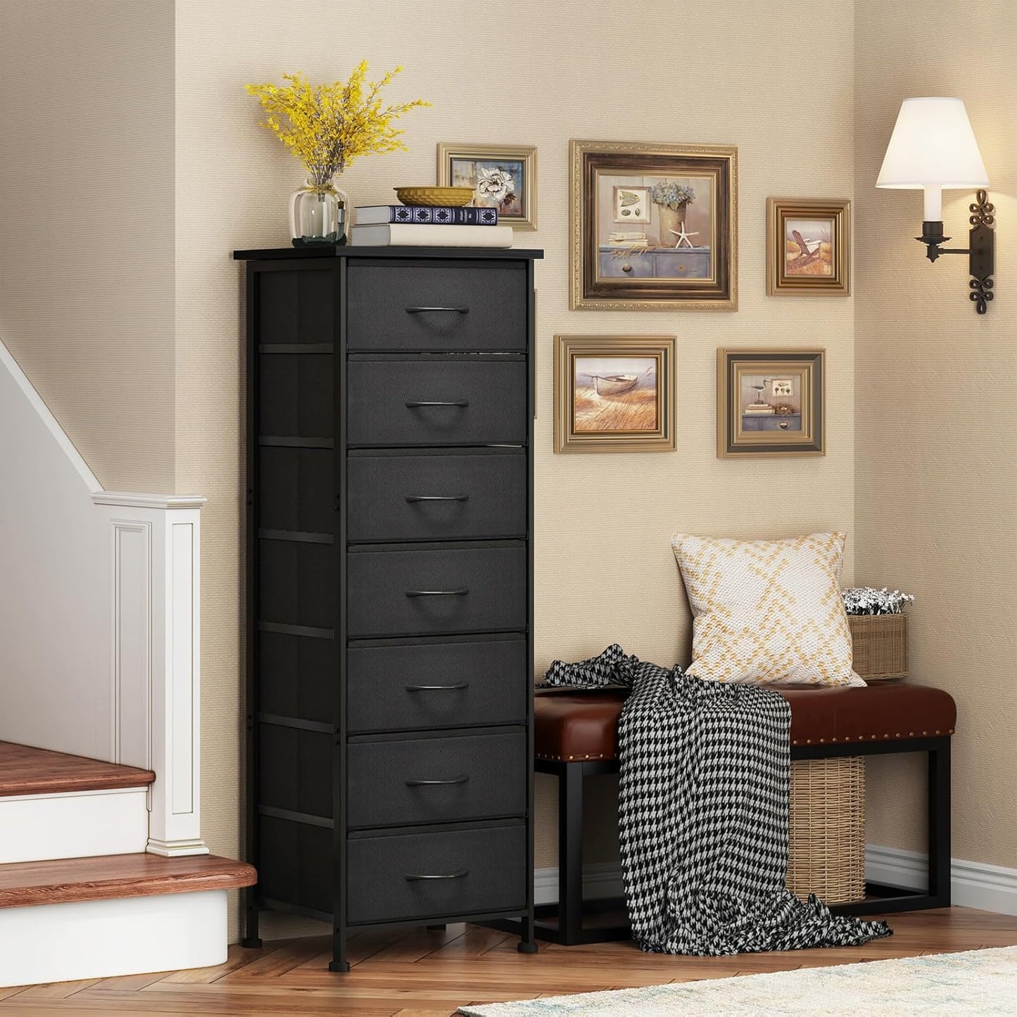Black Tall Dresser for Bedroom, Storage Dresser Organizer with 7 Fabric Drawers, Nightstand Furniture in Closet, Entryway, Hallway