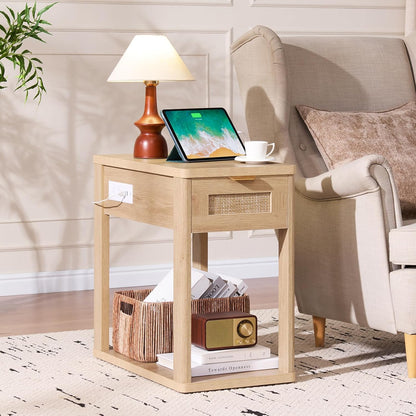 Narrow Side Table with Charging Station, 24X14''Rattan Night Stand with Drawer Storage, Natural Wood Bedside End Table for Small Spaces, Boho Nightstand for Living Room Bedroom