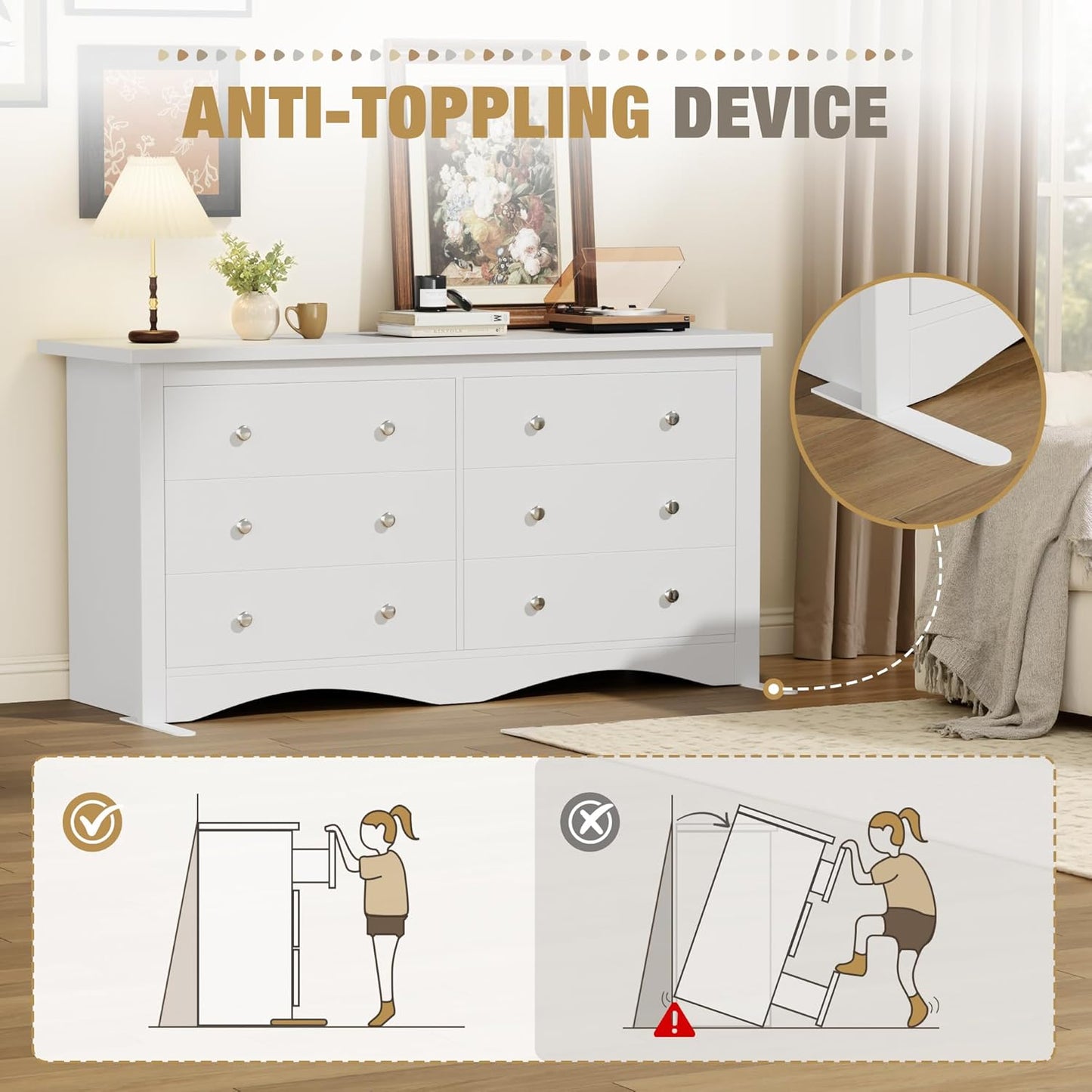 Dresser for Bedroom with 6 Drawers, Modern Chest of Drawers, Wooden Dressers, TV Stand for Living Room,Closet, Hallway (White)