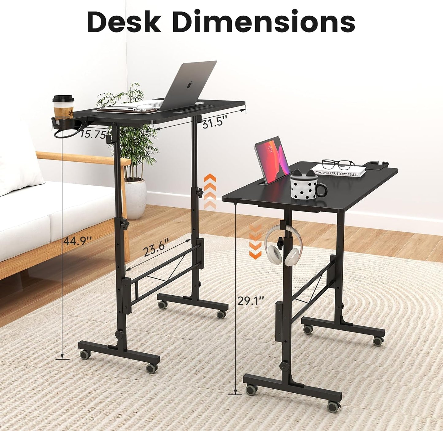 Small Standing Desk Adjustable Height, Mobile Stand up Desk with Wheels, Portable Walking Pad Table Stand, Rolling Laptop Cart for Standing or Sitting, Black