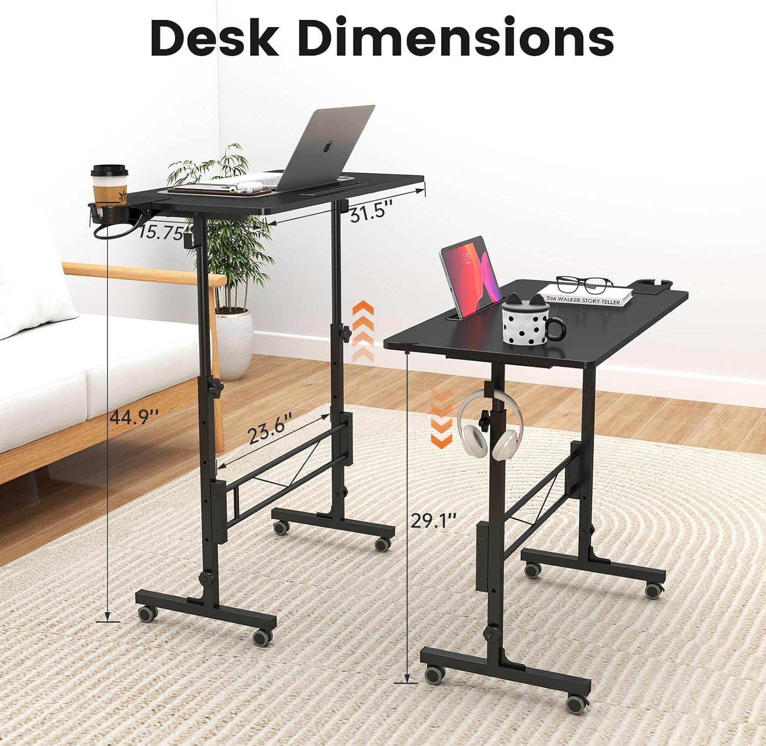 Small Standing Desk Adjustable Height, Mobile Stand up Desk with Wheels, Portable Walking Pad Table Stand, Rolling Laptop Cart for Standing or Sitting, Black