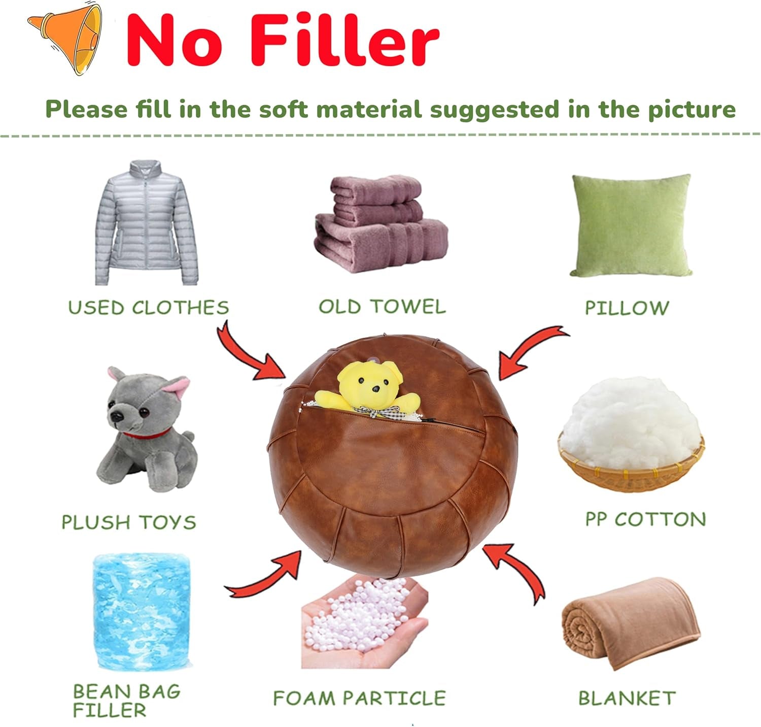 round Unstuffed Pouf Cover, Leather Foot Stool Ottoman with Storage, Bean Bag Floor Chair, Multi Functional Footrest for Living Room, Bedroom or Balcony (Brown)