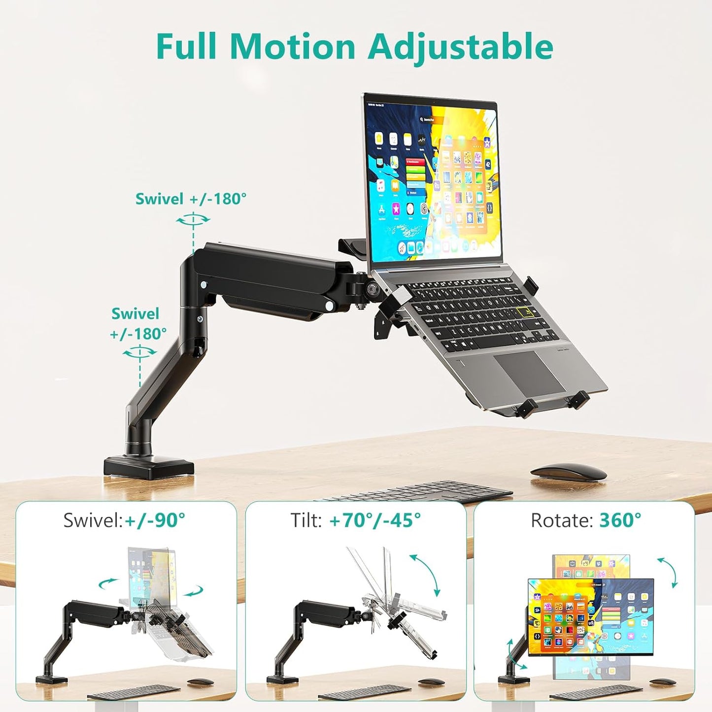 Laptop Desk Mount, 2-In-1 Monitor Mount with Adjustable Laptop Tray, Fits Max 17" Notebook and 34" Computer Screen, Max Holds 22-26.4 Lbs, Single Monitor Laptop Stand for Desk (GSMP001NLP), Black